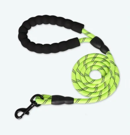 Reflective nylon dog leash in fluorescent green on a black background, showing reflective stripes along the lead.