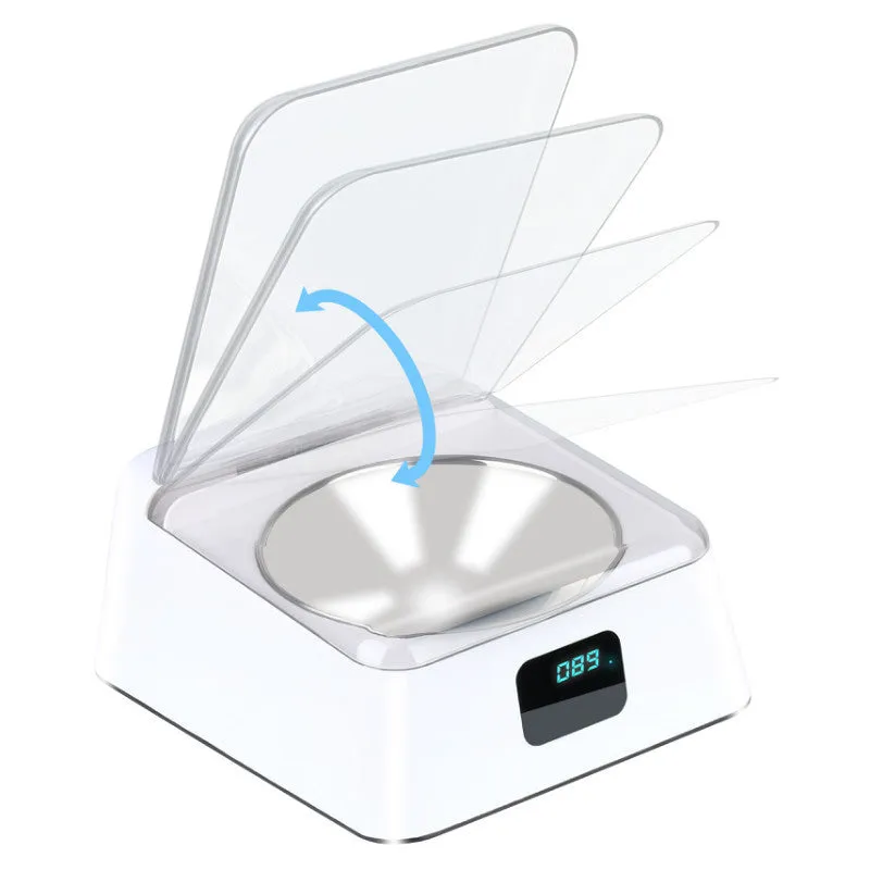White automatic pet feeder with compact 210x170x92mm dimensions and USB rechargeable base