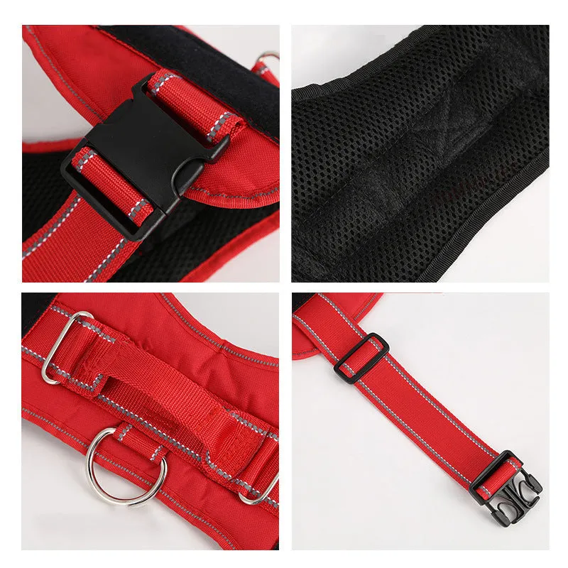 Oxford cloth dog chest strap harness with reflective ribbon and alloy buckle, blue colour, on white background