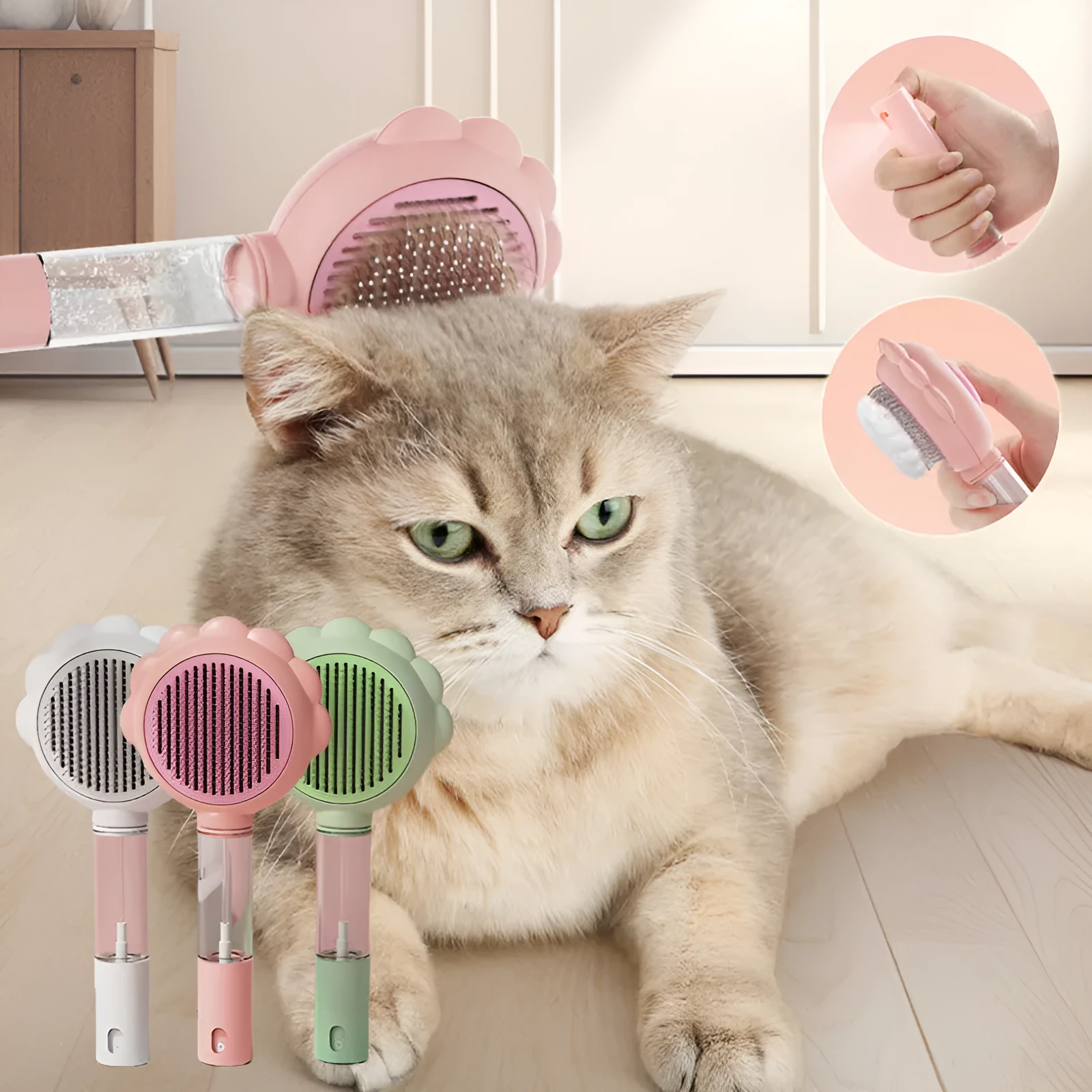 2 in 1 self cleaning dog brush comb with spray in green, plastic and stainless steel, 20x9x2.5 cm