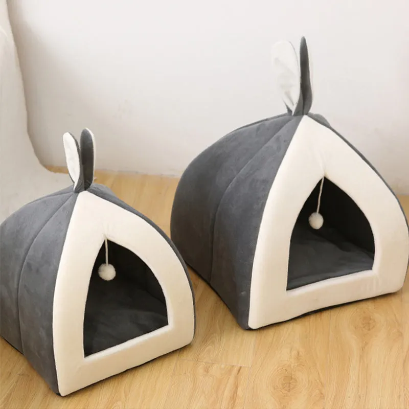 Rabbit Ear Mongolian Nest pet bed in Arctic velvet and PP cotton, grey colour, for cats and dogs