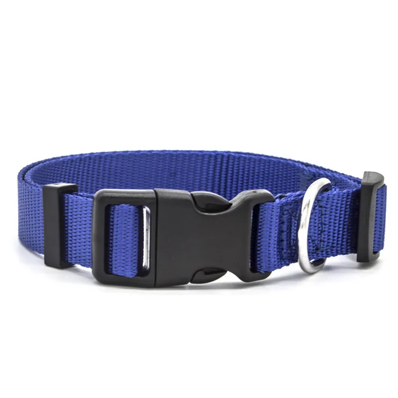 Soft nylon pet collar with neoprene lining, adjustable buckle, and metal D ring on a solid background