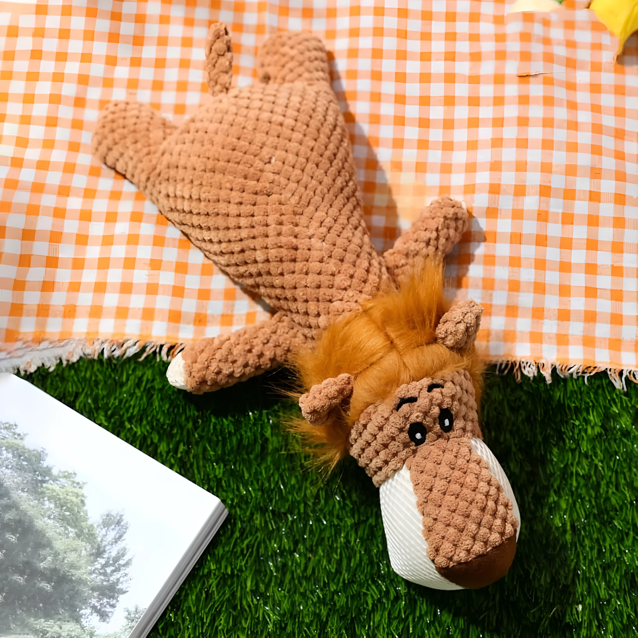 Animal-shaped plush dog toy with corn kernel texture for dental cleaning and squeeze-activated sound