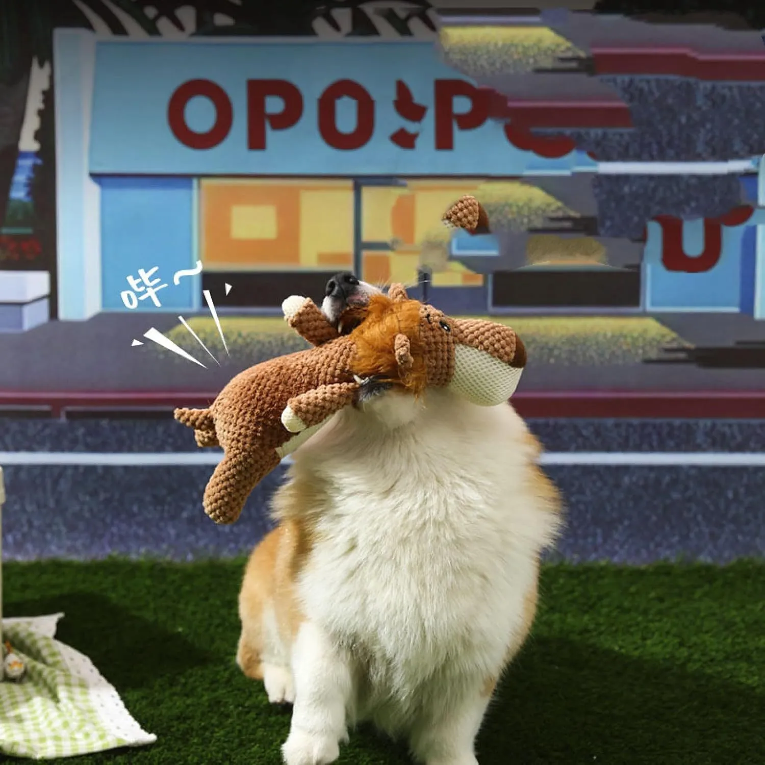 Animal-shaped plush dog toy with corn kernel texture for dental cleaning and squeeze-activated sound