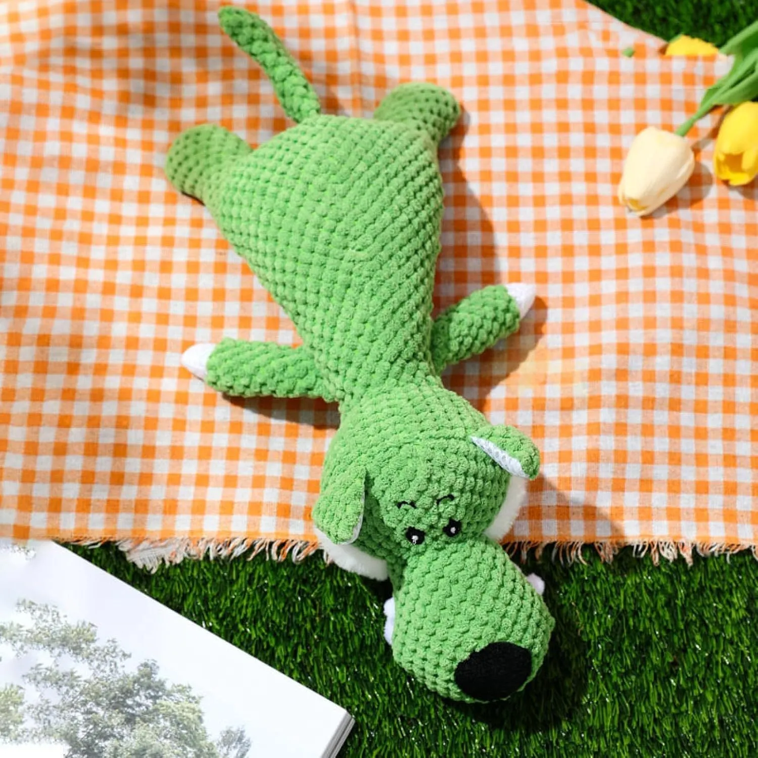 Animal-shaped plush dog toy with corn kernel texture for dental cleaning and squeeze-activated sound