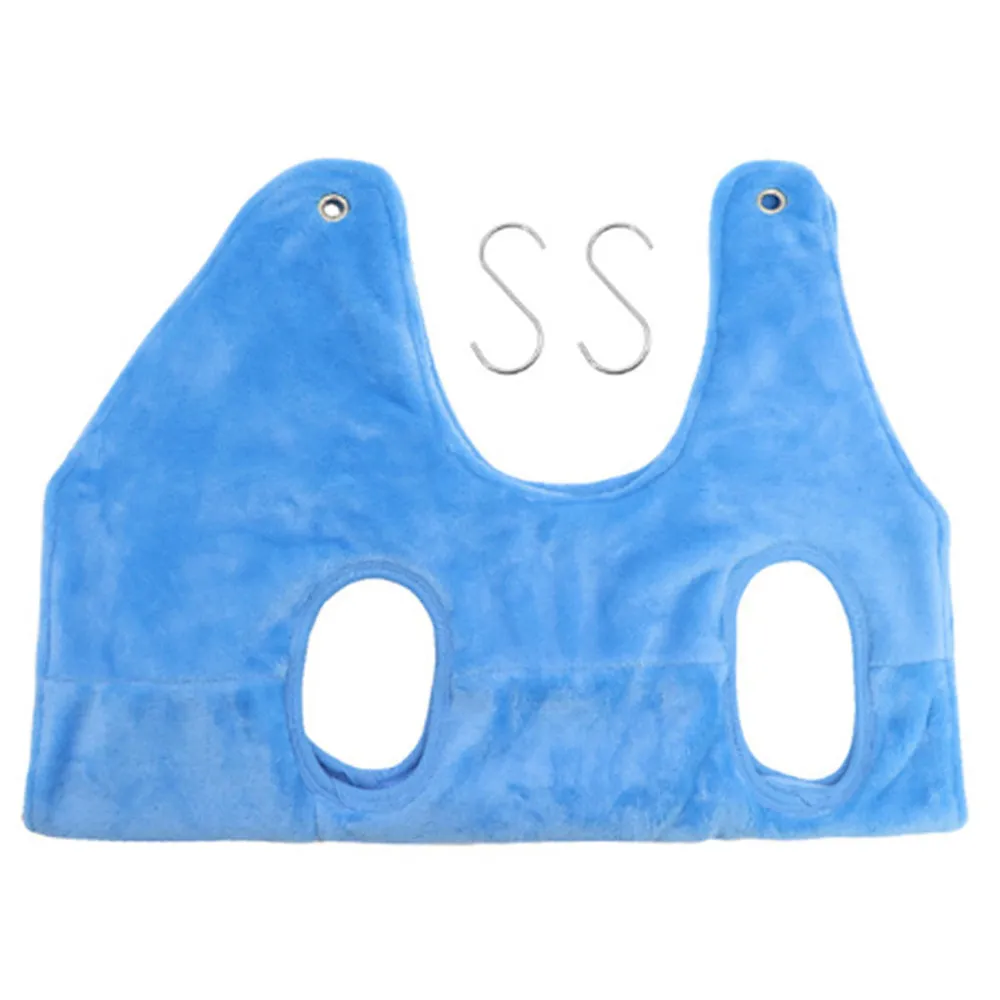 Pet grooming hammock in blue double-layer flannel fabric with reinforced grommets on a white background, available in three sizes