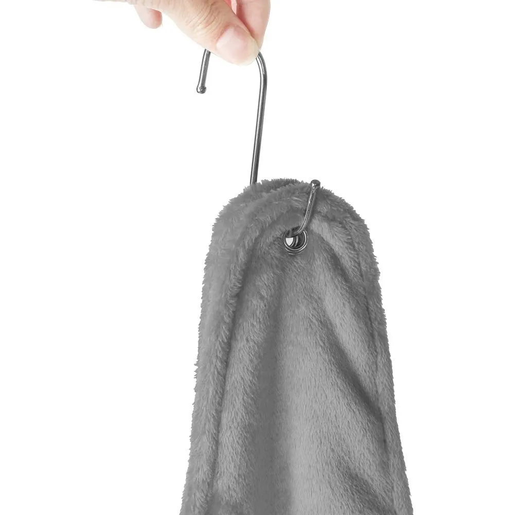 Pet grooming hammock in blue double-layer flannel fabric with reinforced grommets on a white background, available in three sizes