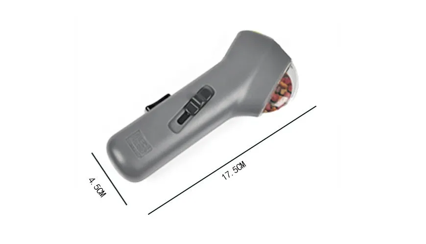 Grey PP dog training snack launcher with 18cm height on neutral background