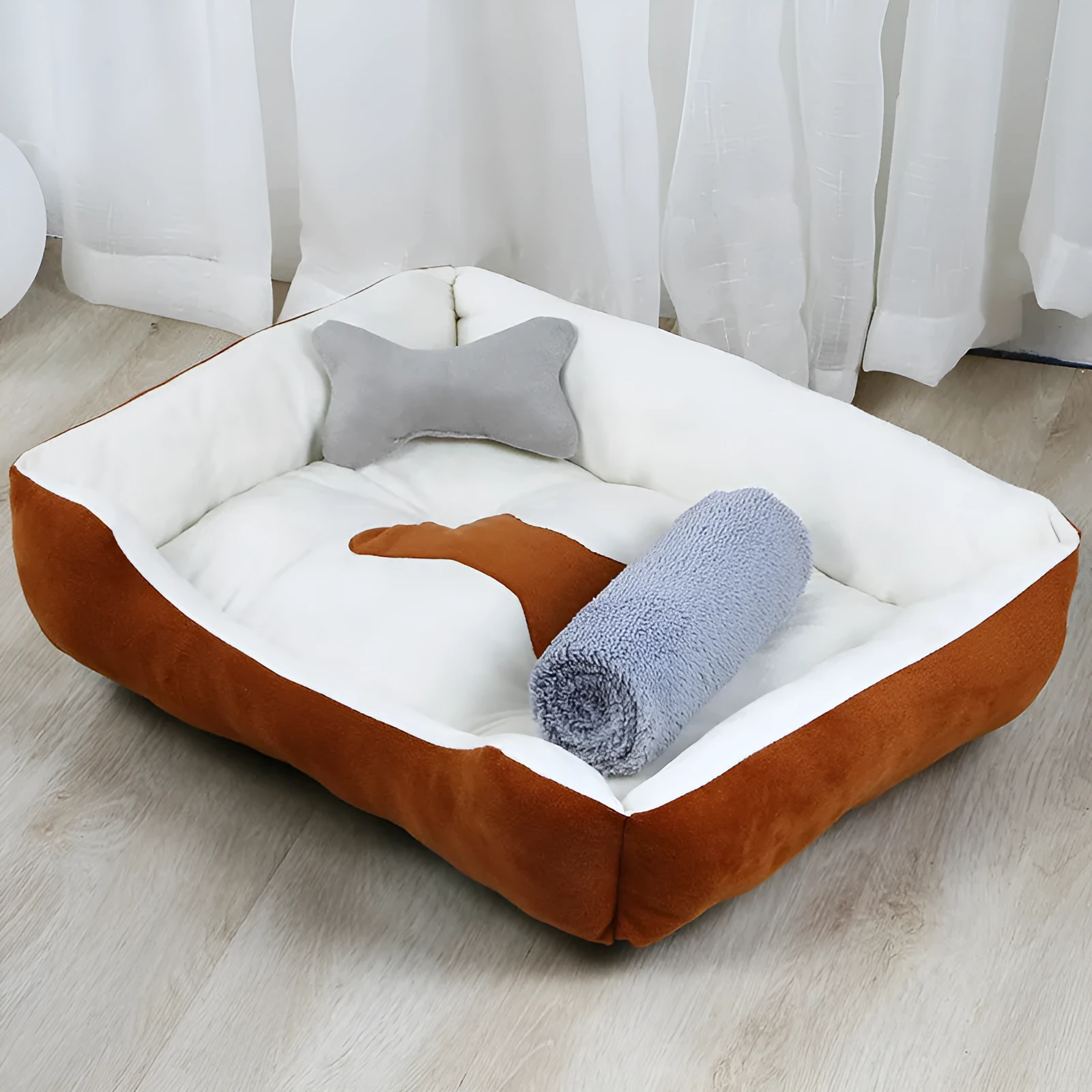 Grey cloth dog kennel bed with padding for indoor use, size 50x40cm to 90x70cm.