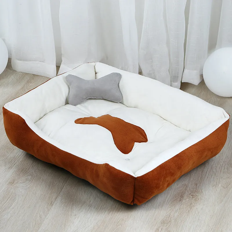 Grey cloth dog kennel bed with padding for indoor use, size 50x40cm to 90x70cm.