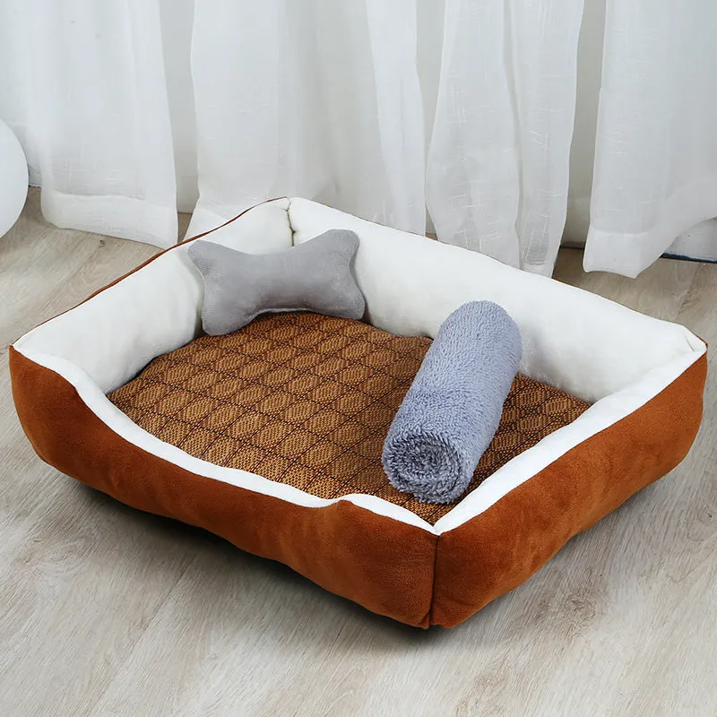Grey cloth dog kennel bed with padding for indoor use, size 50x40cm to 90x70cm.