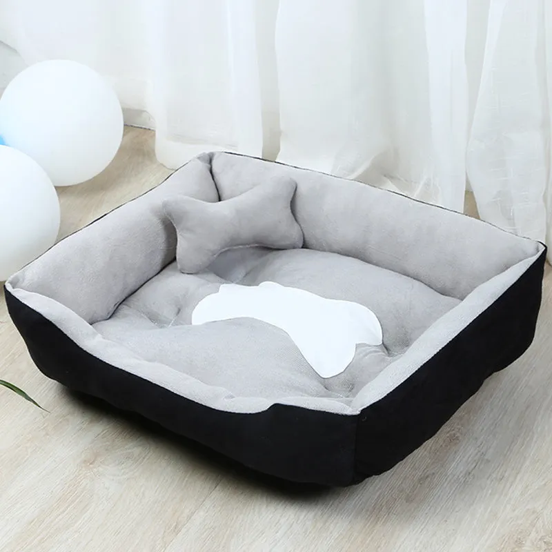 Grey cloth dog kennel bed with padding for indoor use, size 50x40cm to 90x70cm.