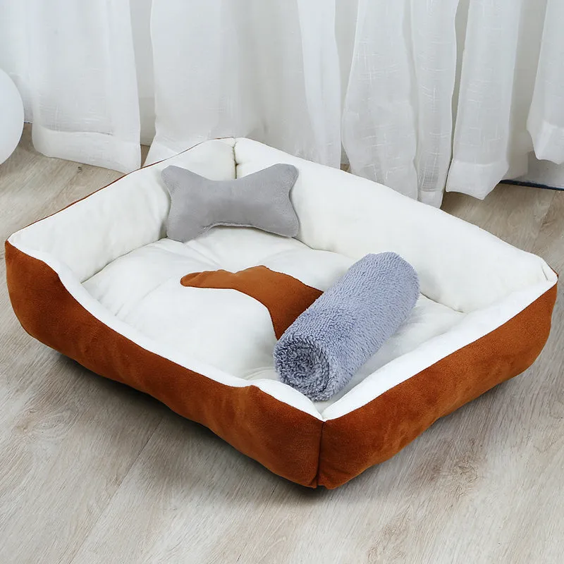 Grey cloth dog kennel bed with padding for indoor use, size 50x40cm to 90x70cm.