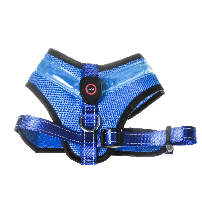 LED luminous dog harness with USB charging, mesh fabric, blue colour, size M, showing front view with battery box and plastic buckle