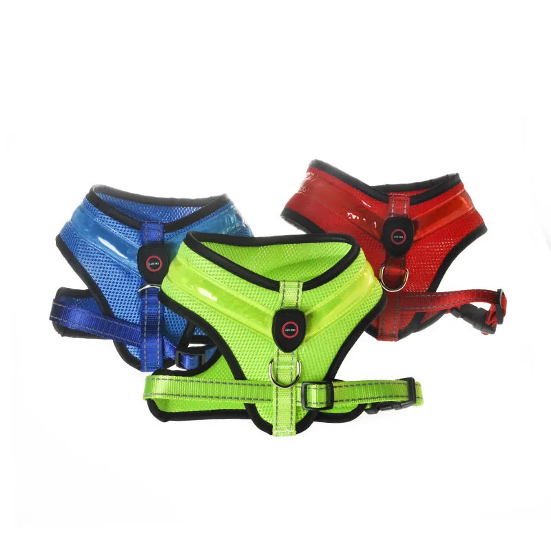 LED luminous dog harness with USB charging, mesh fabric, blue colour, size M, showing front view with battery box and plastic buckle