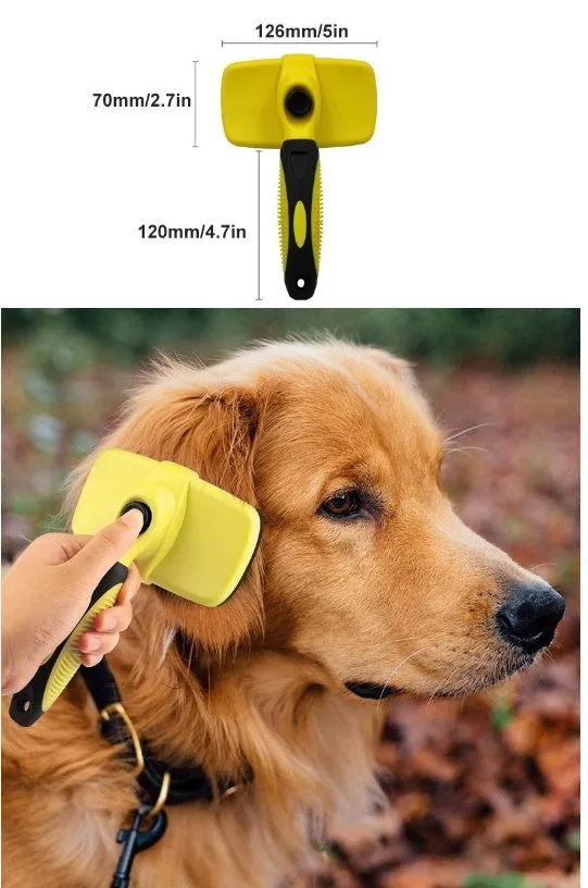Green automatic retractable pet comb with stainless steel bristles on white background