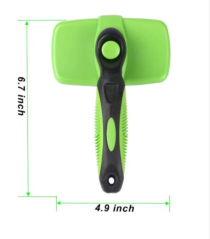 Green automatic retractable pet comb with stainless steel bristles on white background