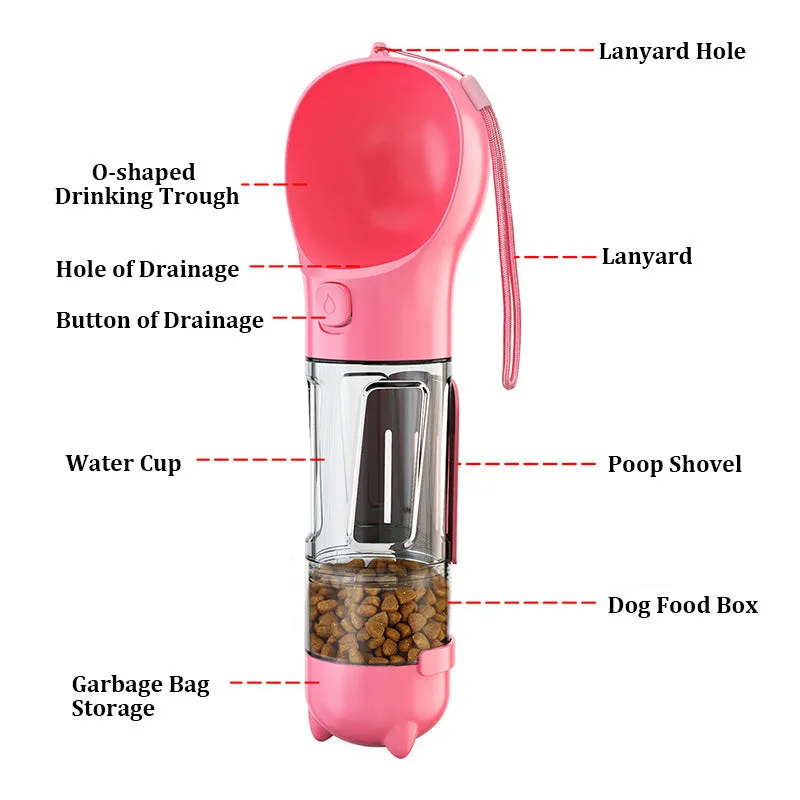 Pet multi-functional water bottle 300ml in yellow with built-in waste bag compartment and side shovel