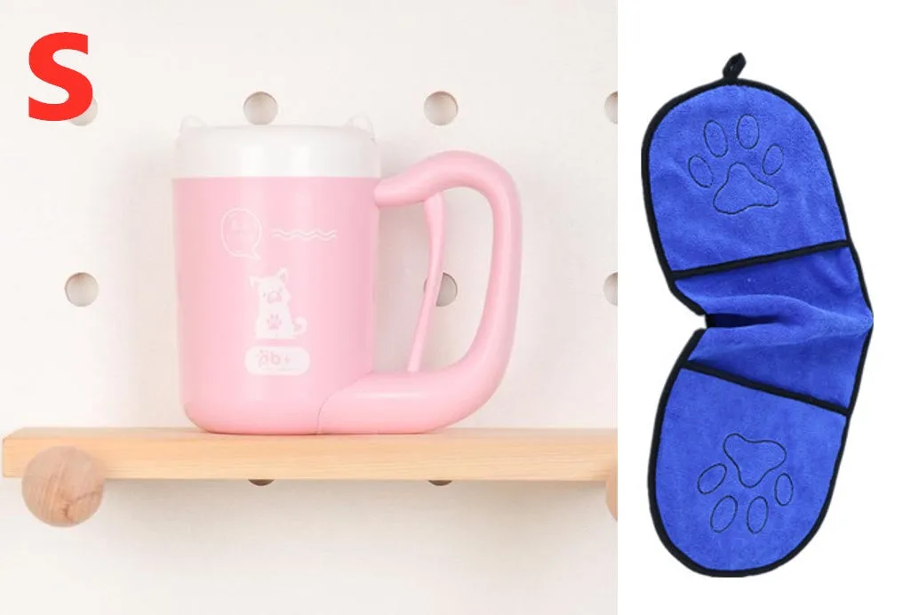Pink pet paw cleaning cup with silicone brush and handle