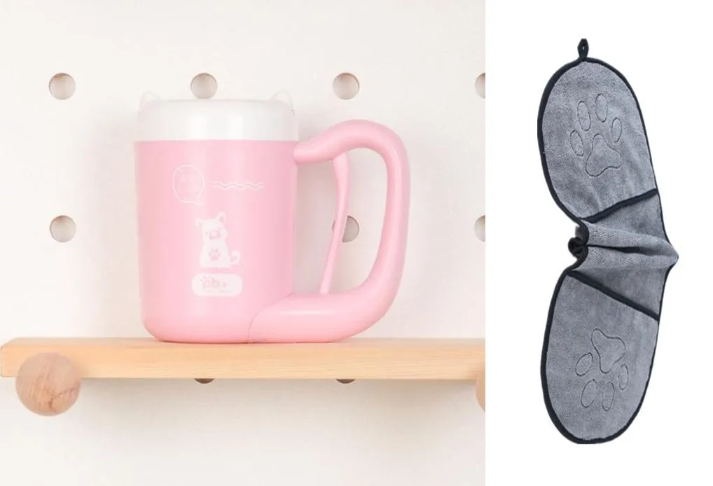 Pink pet paw cleaning cup with silicone brush and handle