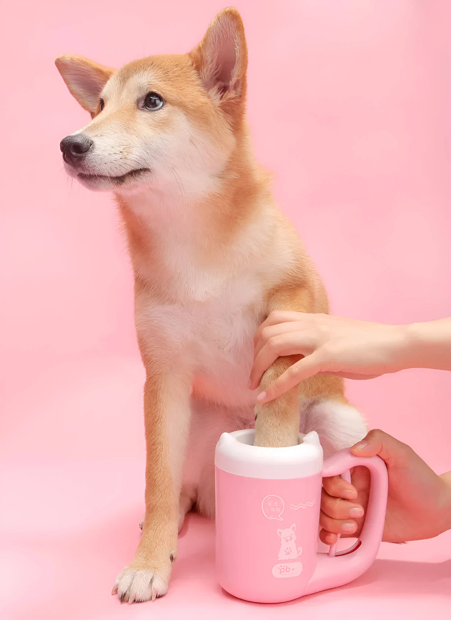 Pink pet paw cleaning cup with silicone brush and handle