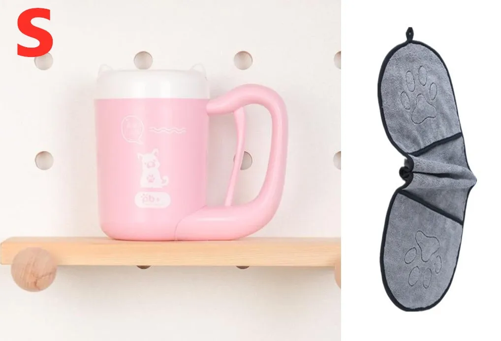 Pink pet paw cleaning cup with silicone brush and handle