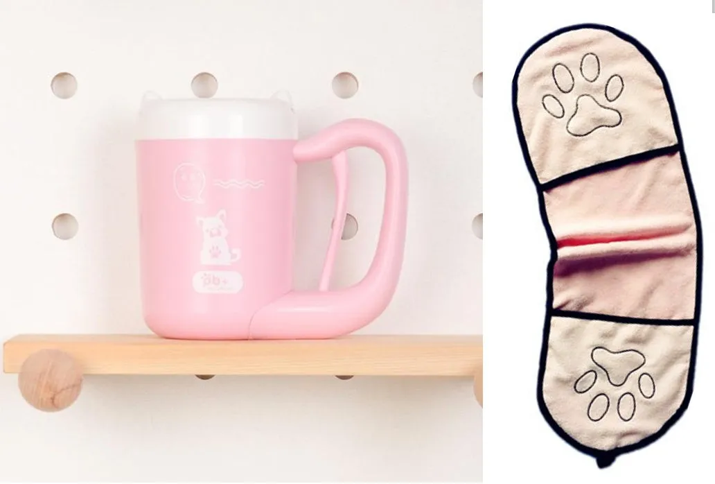Pink pet paw cleaning cup with silicone brush and handle