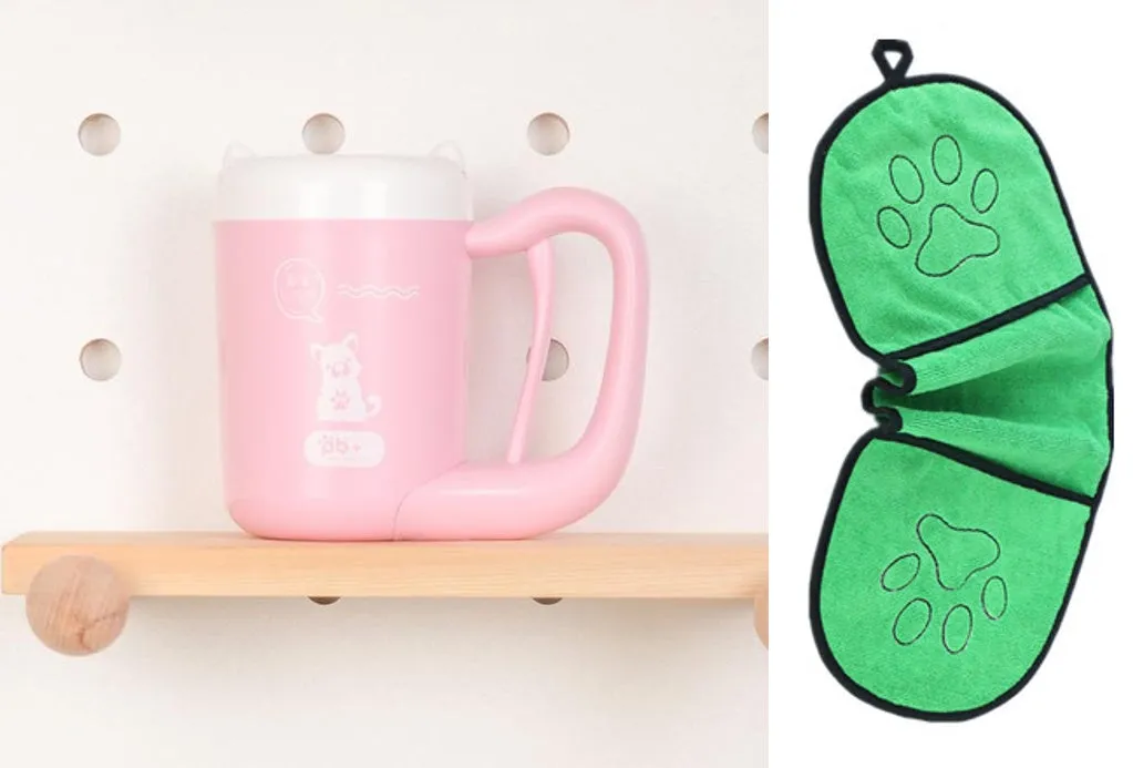 Pink pet paw cleaning cup with silicone brush and handle