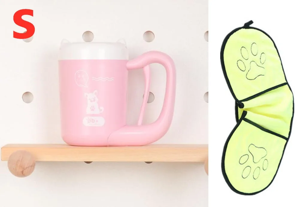 Pink pet paw cleaning cup with silicone brush and handle