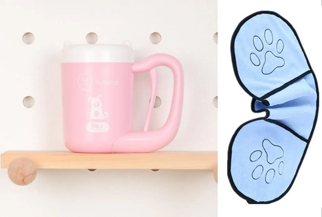 Pink pet paw cleaning cup with silicone brush and handle
