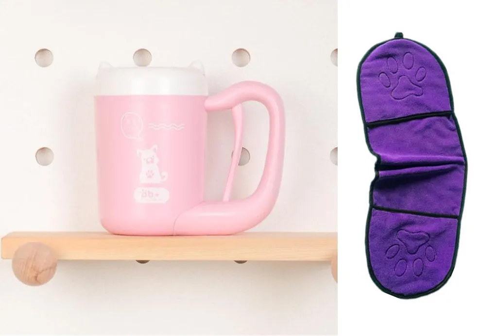 Pink pet paw cleaning cup with silicone brush and handle