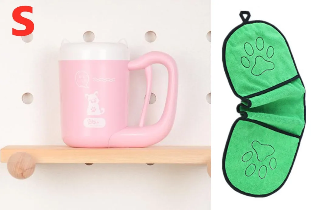 Pink pet paw cleaning cup with silicone brush and handle