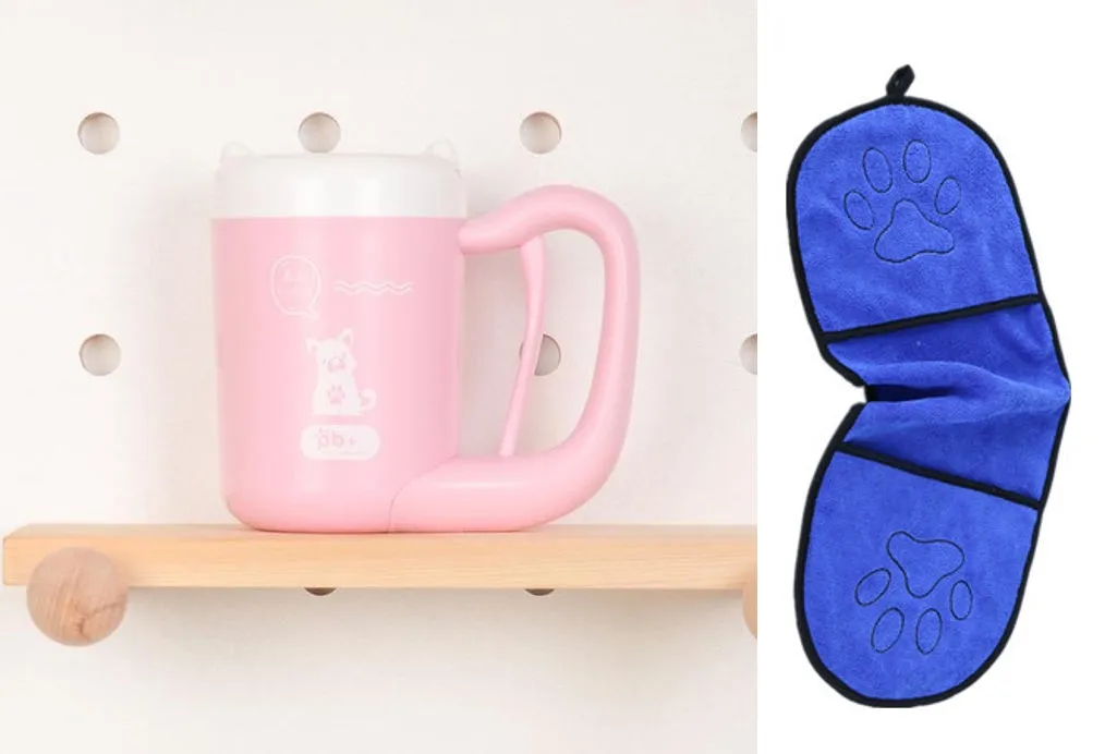 Pink pet paw cleaning cup with silicone brush and handle