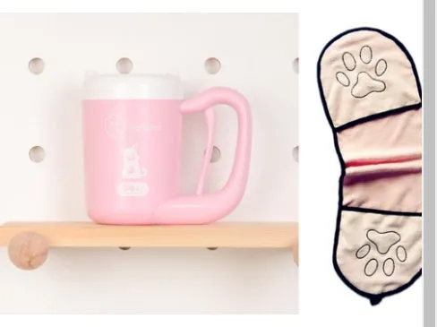 Pink pet paw cleaning cup with silicone brush and handle