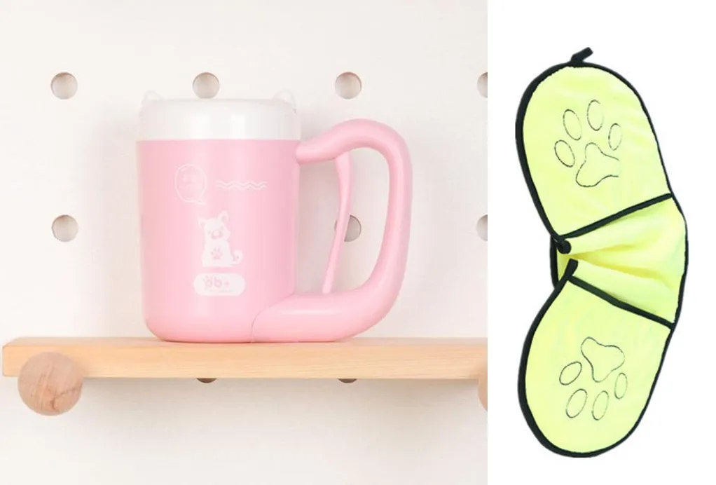 Pink pet paw cleaning cup with silicone brush and handle