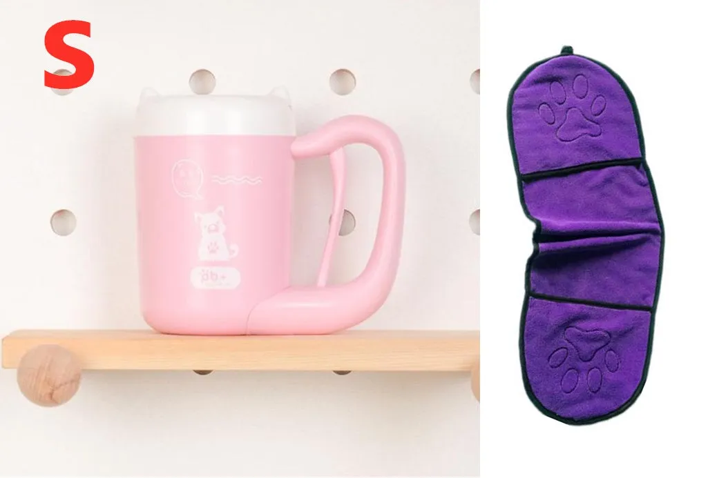 Pink pet paw cleaning cup with silicone brush and handle