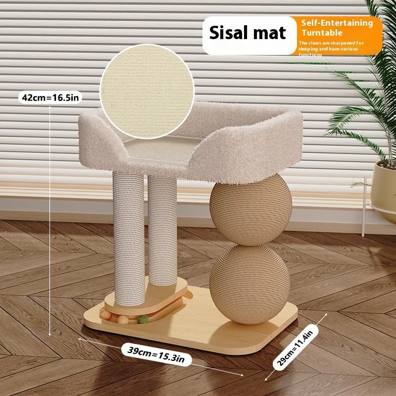 Pine wood cat nest with integrated grasping balls for scratching, shown in a simple style.