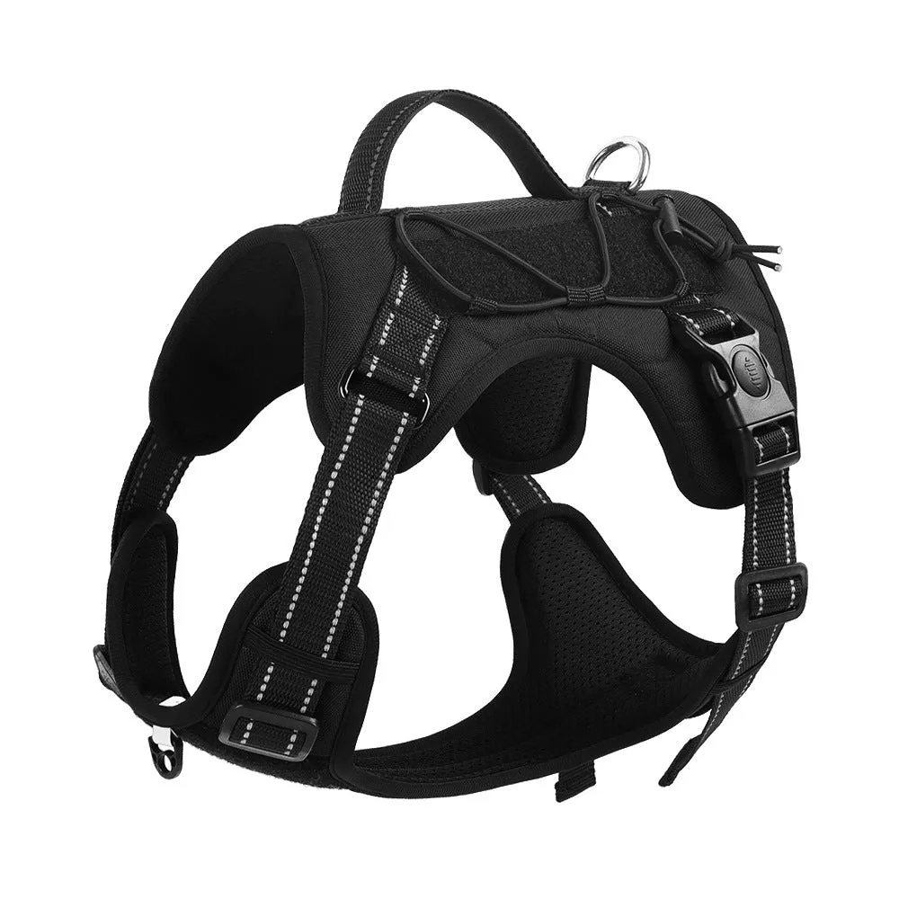 Orange reflective dog harness with padded chest strap and matching black rope lead laid flat.