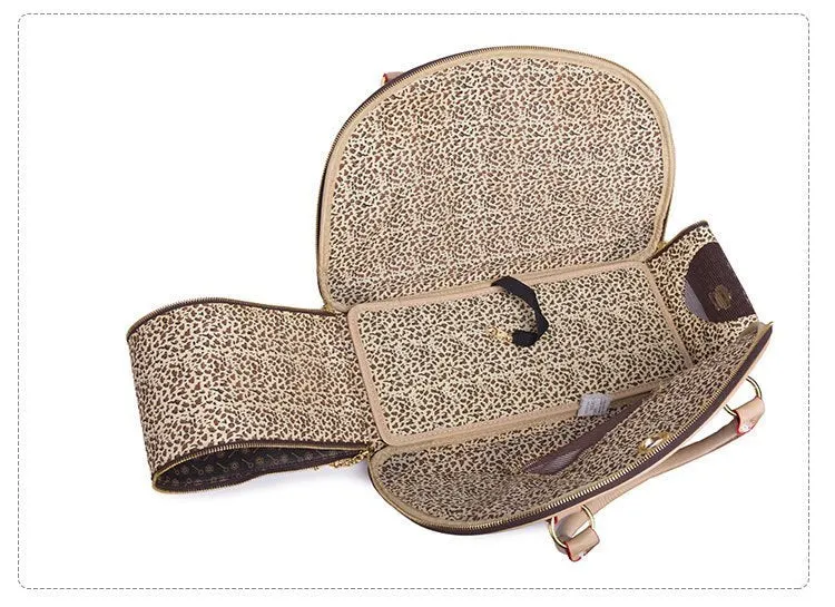 Anti-squeeze pet bag for small dogs and cats in PU embossing material brown white square size large 42x29x18cm