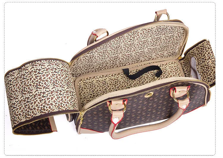 Anti-squeeze pet bag for small dogs and cats in PU embossing material brown white square size large 42x29x18cm