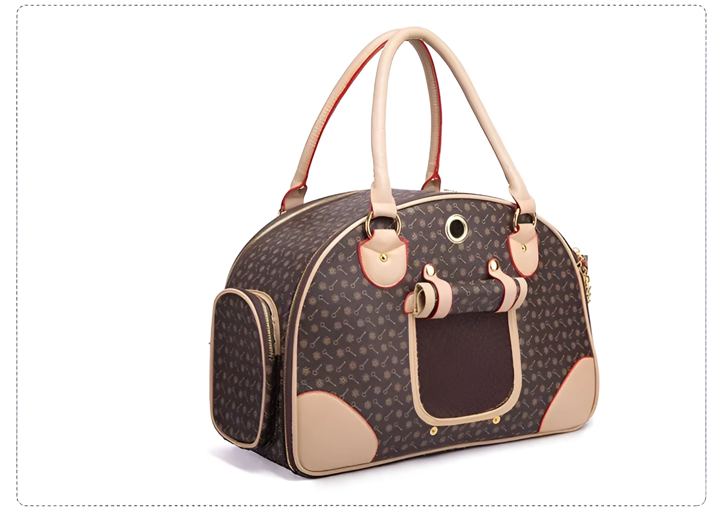 Anti-squeeze pet bag for small dogs and cats in PU embossing material brown white square size large 42x29x18cm