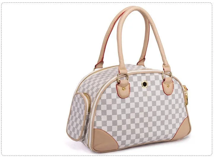 Anti-squeeze pet bag for small dogs and cats in PU embossing material brown white square size large 42x29x18cm