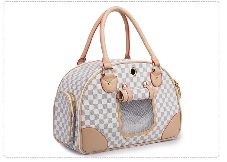 Anti-squeeze pet bag for small dogs and cats in PU embossing material brown white square size large 42x29x18cm