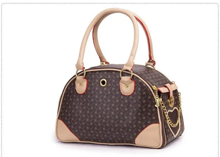 Anti-squeeze pet bag for small dogs and cats in PU embossing material brown white square size large 42x29x18cm