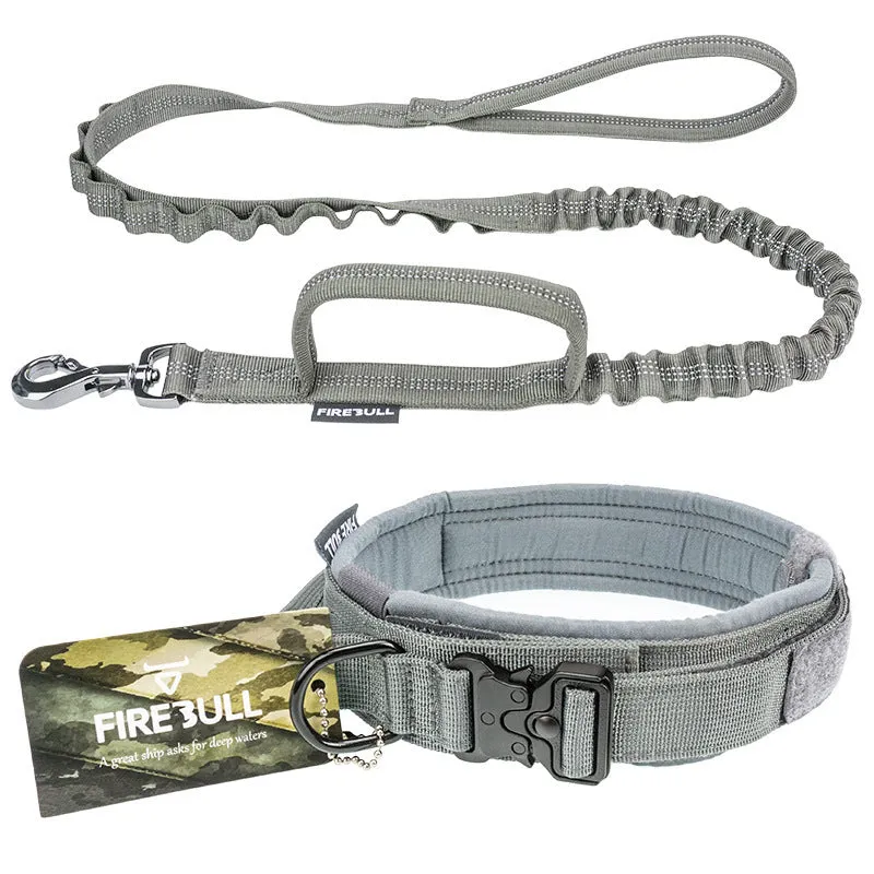 Pet tactical collar leash set adjustable nylon webbing with quick-release buckle in grey for dog training and walking