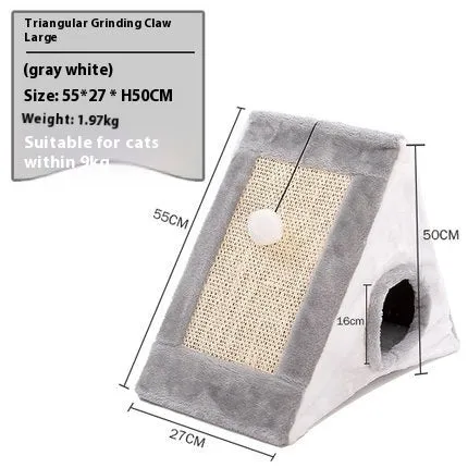 Triangle-shaped cat bed with integrated sisal scratching surfaces in grey and white colour option