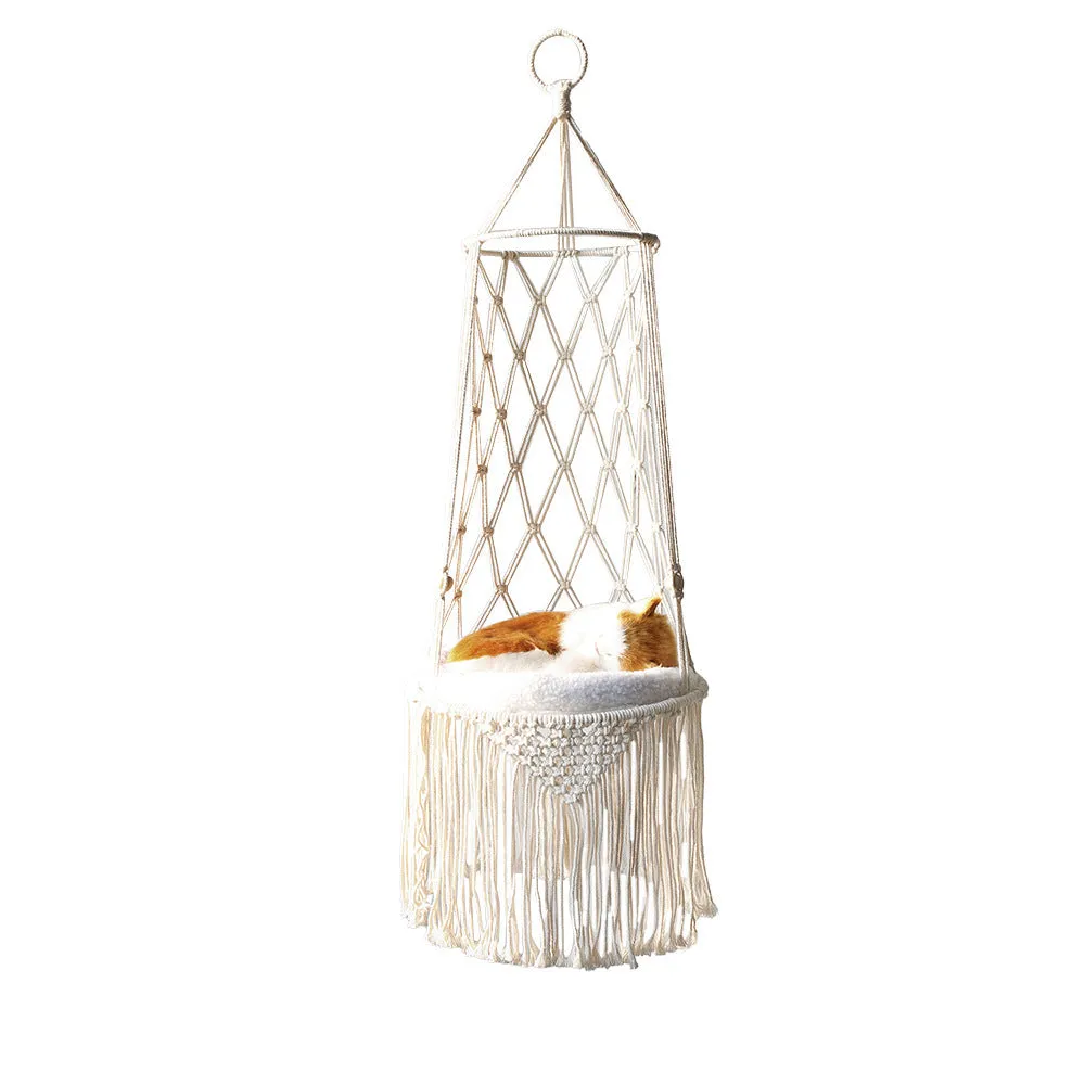 Macrame hanging pet bed in natural colour for cats, woven cotton hammock with 25x30x45 cm dimensions