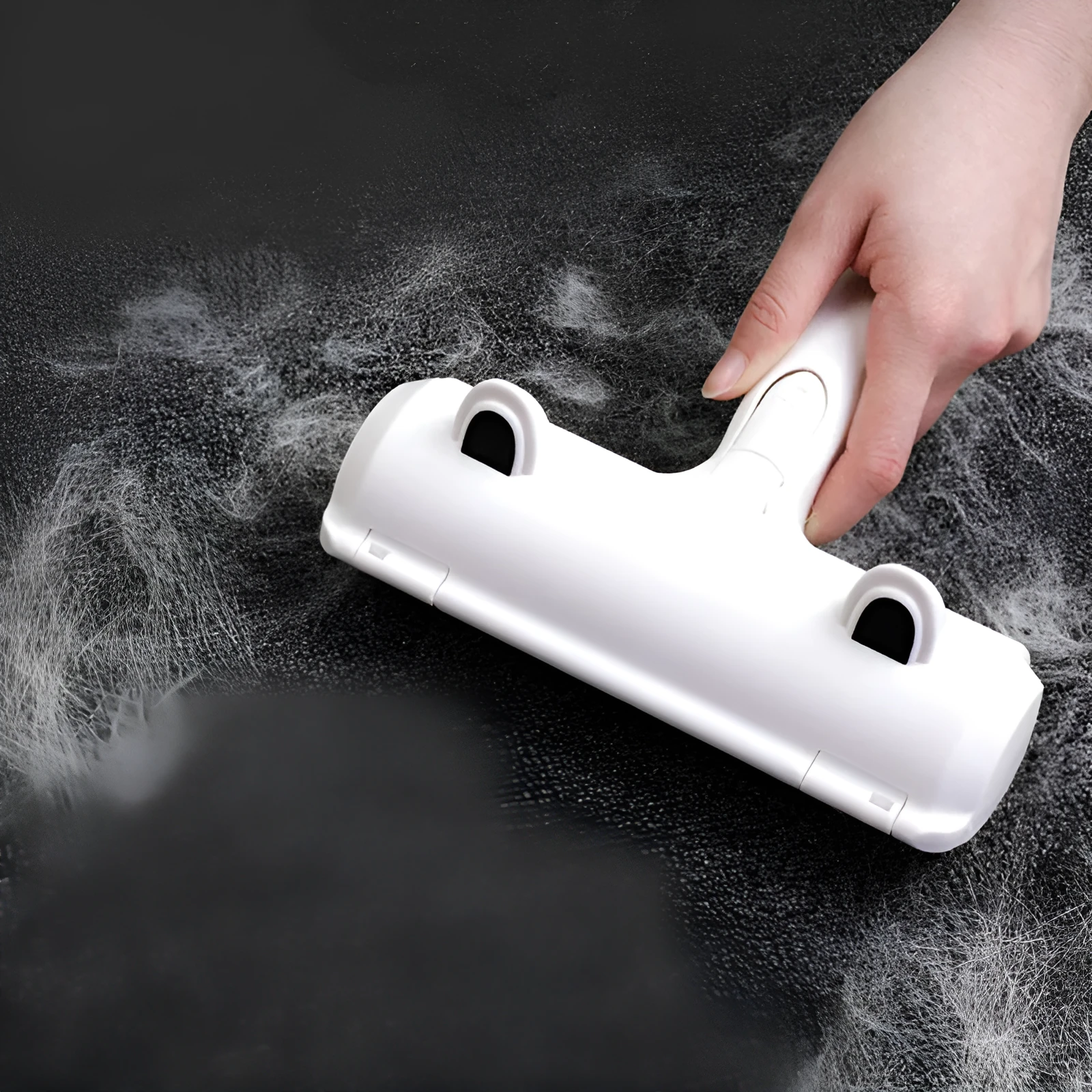 White reusable pet hair remover roller with dust compartment, 20 cm, for cleaning dog and cat fur from furniture and carpets
