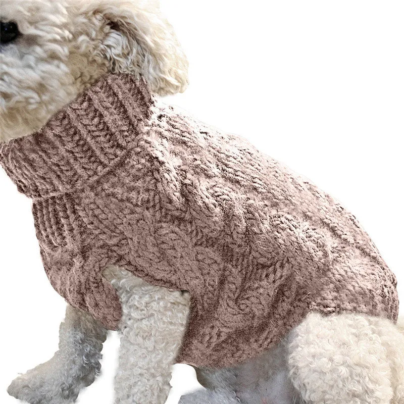 Acrylic pet sweater in beige on small dog, side view, casual winter dog clothing