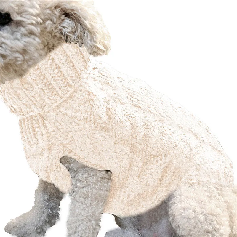 Acrylic pet sweater in beige on small dog, side view, casual winter dog clothing